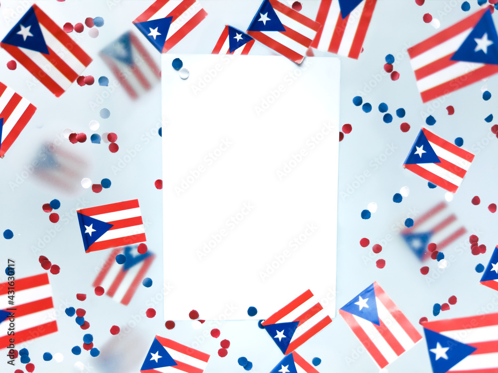 Puerto Rico. freely associated state. Commonwealth. National flags on foggy background. July 25, Constitution Day. Concept freedom and memory and patriotism.