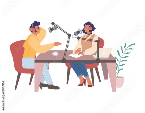 Woman creating podcast, hosting radio show interviewing guest in studio, vector illustration. Podcasting, online radio