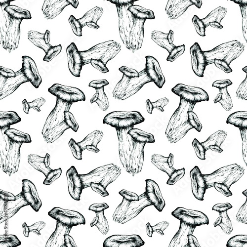 Mushrooms Eringi Ink Hand Drawn Seamless Pattern. Sketch mushroom background. Mushroom graphic wallpapper.
