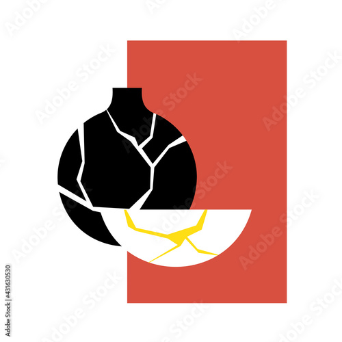 Golden vector illustration of Kintsugi. Black Japanese vintage vase in flat style. Restoration of old dishes. Marble pattern. A stylish element of your design. All objects are isolated.