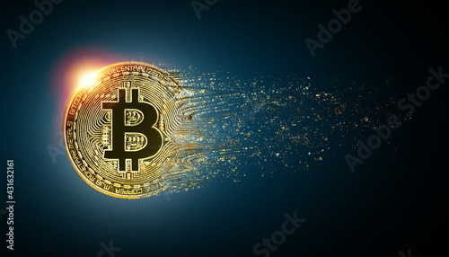 Fotografía Disintegration of a BTC bitcoin, Cryptocurrency collapse related conceptual
