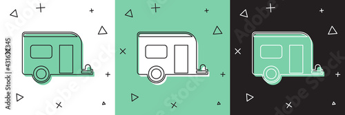 Set Rv Camping trailer icon isolated on white and green, black background. Travel mobile home, caravan, home camper for travel. Vector
