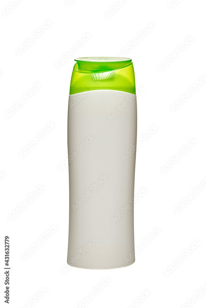 White plastic bottle on a white background, blank for design, place for text White plastic bottle on a white background, blank for design, place for text