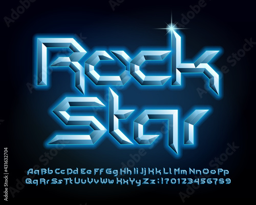 Rock Star alphabet font. Metallic letters, numbers and symbols in hard rock style. Uppercase and lowercase. Retro typescript for your typography design.