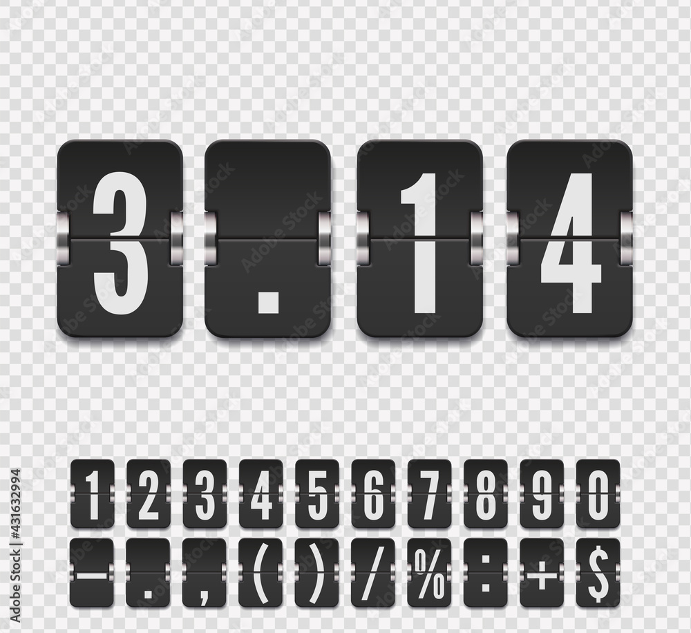 Analog black countdown timer number font. Flip number and symbol scoreboard with shadows on transparent background. Vector illustration template. Analog black countdown timer number font. Flip number and symbol scoreboard with shadows on transparent background. Vector illustration template.