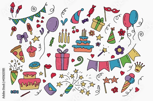 Big celebration set. Party time doodle clipart with fireworks, party hat, birthday cake, holiday gift box. Hand drawn icons.	