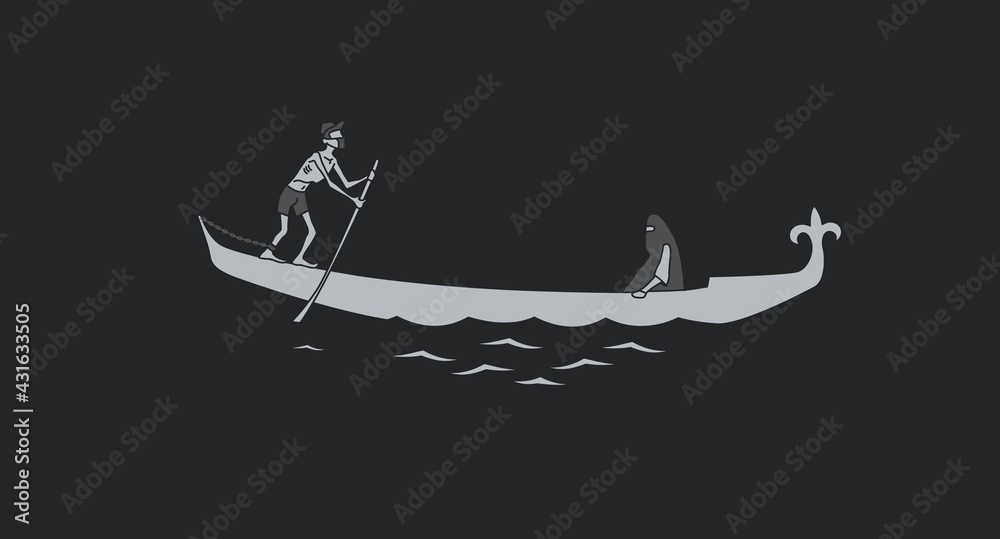The poor gondolier serves the customer. At the feet of the gondolier is a steel chain. Vector. - obrazy, fototapety, plakaty 
