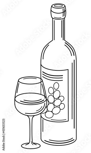 A bottle of wine and a glass of wine. Black outline vector illustration Isolated on a white background. Grape wine tasting.