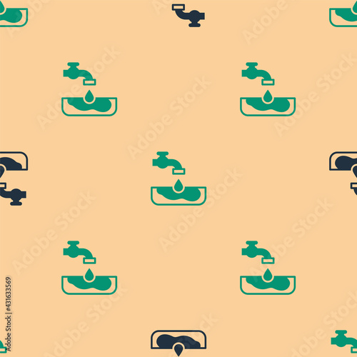Green and black Water problem icon isolated seamless pattern on beige background. Poor countries environmental public health related problems. Vector