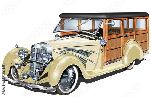 Retro Woody Car isolated on white background.   