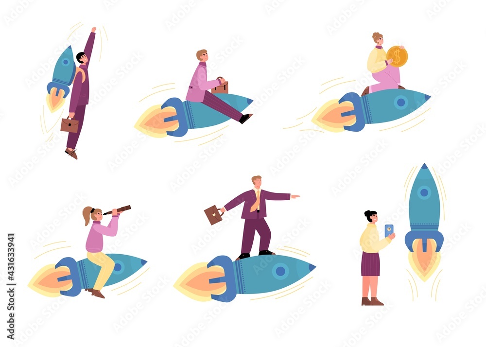 Business people launching and riding on rocket, vector illustration isolated. Business people launching and riding on rocket, vector illustration isolated.