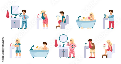 Children in bathroom for hygiene procedures cartoon vector illustration isolated.