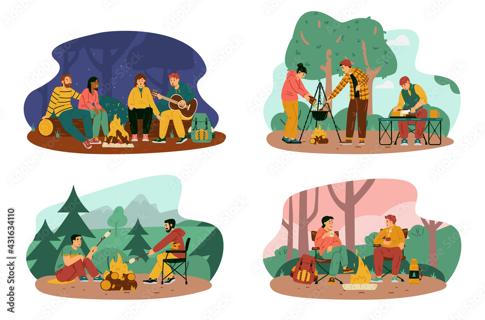 Set of scenes with people resting near campfire during adventure hiking.