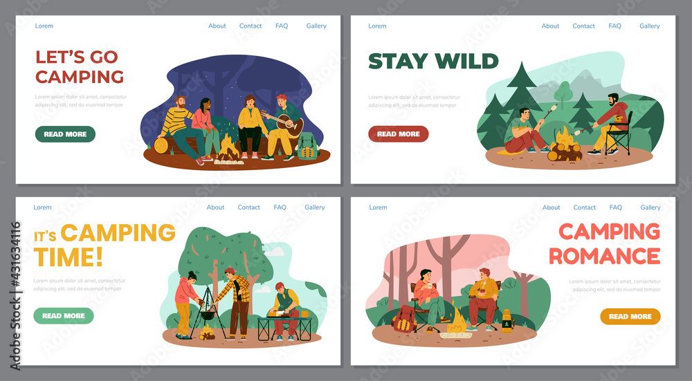 Camping holidays websites with tourists outdoors, flat vector illustrations.