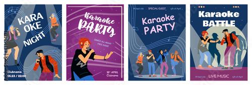 Karaoke party posters with people enjoying singing, flat vector illustration. © Kudryavtsev