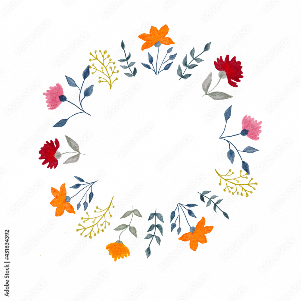 Watercolor flower wreath with branch, leaf, wildflower. Botanical circle frame for print on wedding invitation, greeting card, thank you card,  stickers and other. Isolated on white background. 