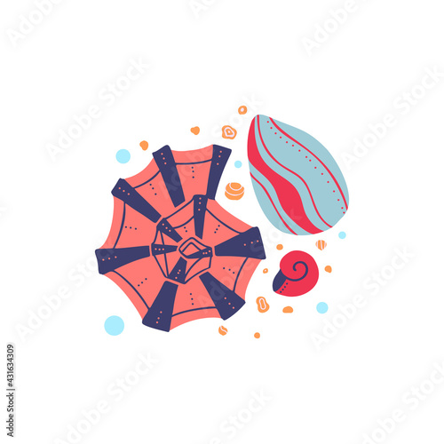Cartoon illustration of seashells with sand and bubbles on a white background. Flat drawing ocean inhabitants with boho pattern. Vector molluscs, shells and snails with decoration