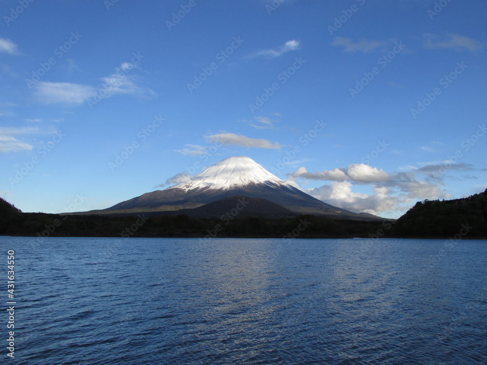 春の富士山と湖。精進湖、日本にて
