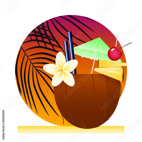 Tropical cocktail in coconut, decorated with flower and fruit at sunset. 