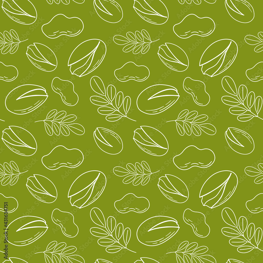 Hand drawn sketch of a seamless background pattern with a view of pistachio nuts. Vector illustration of nuts on a green background Hand drawn sketch of a seamless background pattern with a view of pistachio nuts. Vector illustration of nuts on a green background