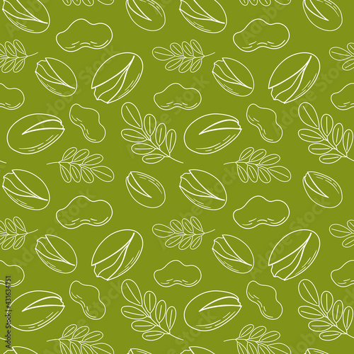 Hand drawn sketch of a seamless background pattern with a view of pistachio nuts. Vector illustration of nuts on a green background