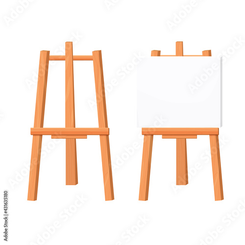 Wooden easel empty blank paper mock up in cartoon style isolated on vector white illustration. Artist equipment, advertising board, set.