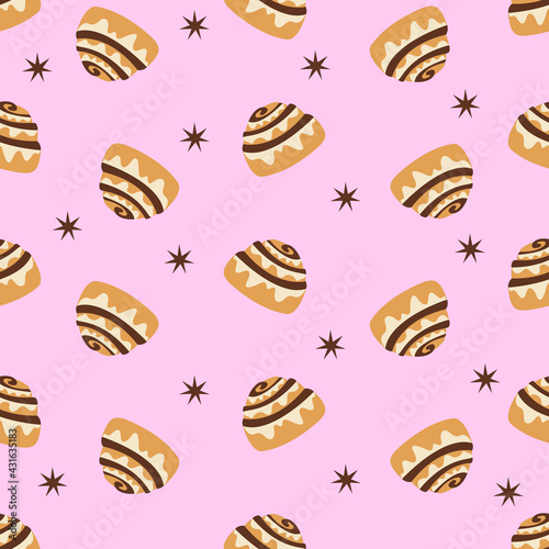 Seamless pattern with cinnamon bun. Vector illustration.