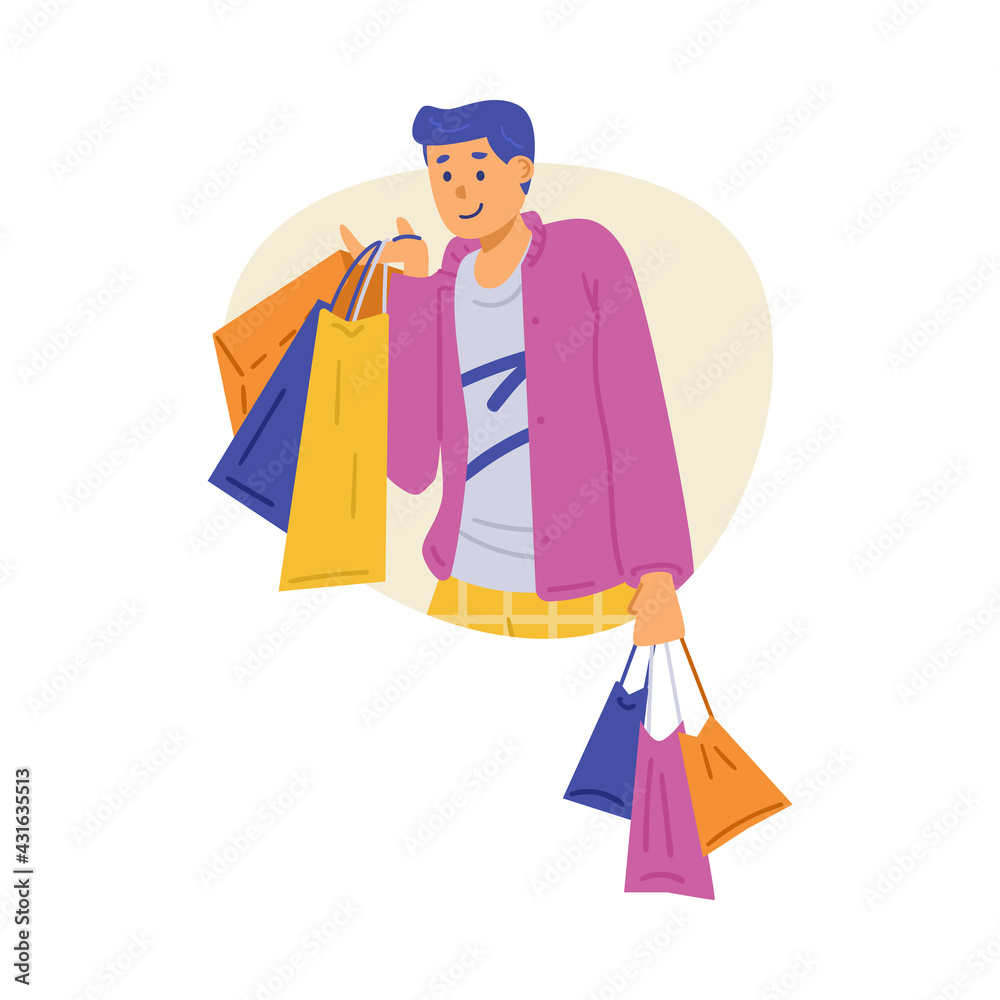 Happy man buyer or shopaholic holding lot shopping bags in hands.