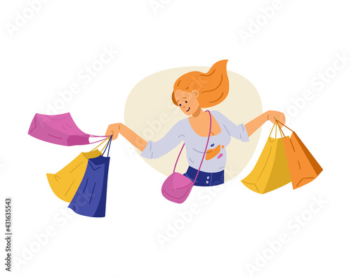 Happy cheerful woman with shop bags, cartoon vector illustration isolated.