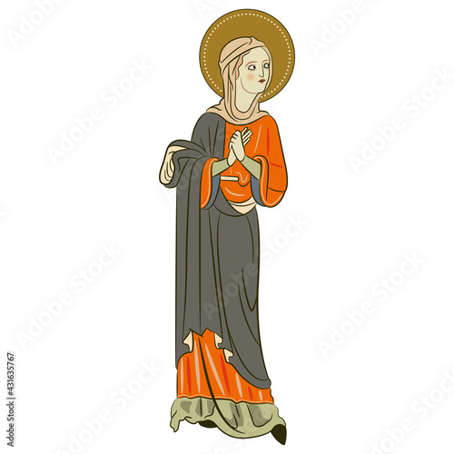 Standing beautiful young woman with nimbus. Medieval female Christian saint lady in long dress. Holy praying lady with folded hands.