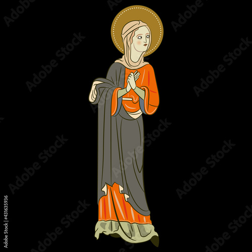 Standing beautiful young woman with nimbus. Medieval female Christian saint lady in long dress. Holy praying lady with folded hands. On black background.