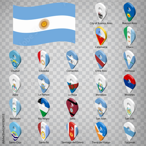 Twenty four flags the Provinces of Argentina -  alphabetical order with name.  Set of 3d geolocation signs like flags Provinces of Argentina.  Twenty four 3d geolocation signs for your design. EPS10