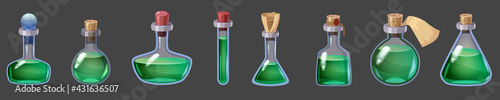 Set of Bottles magic liquid potion fantasy elixir. Game icon GUI for app games user interface. Vector illstration isolated cartoon style on dark background