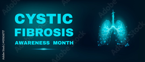 Lungs. Cystic Fibrosis awareness month. Banner template with glowing low poly. Futuristic modern abstract. Isolated on dark background. Vector illustration.