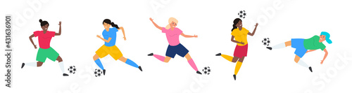 women football soccer players with ball set vector illustration