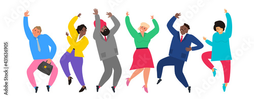 happy multicultural business people men and women dancing having fun vector illustration