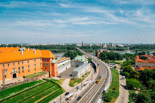 Panorama view of Royal Castle and Slasko-Dabrowski Bridge on Vistula river in Warsaw, Poland