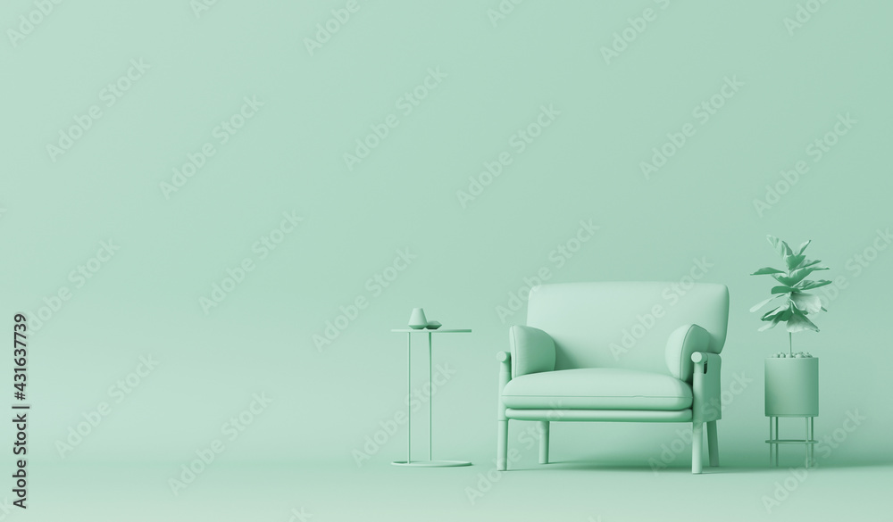 Interior of the room in plain monochrome pastel blue color with furnitures and room accessories. Light background with copy space. 3D rendering for web page, presentation or picture frame backgrounds. - obrazy, fototapety, plakaty 
