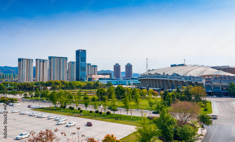 Fototapeta premium Aerial photography of city scenery of Yiwu City, Zhejiang Province, China
