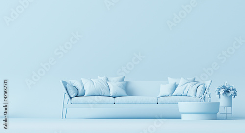 Interior of the room in plain monochrome pastel blue color with furnitures and room accessories. Light background with copy space. 3D rendering for web page, presentation or picture frame backgrounds. photo