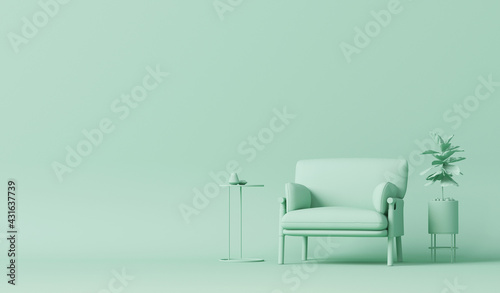 Interior of the room in plain monochrome pastel blue color with furnitures and room accessories. Light background with copy space. 3D rendering for web page, presentation or picture frame backgrounds.