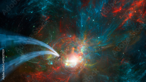Space background. Spaceship fly in colorful fractal nebula. Digital painting. 3D rendering
