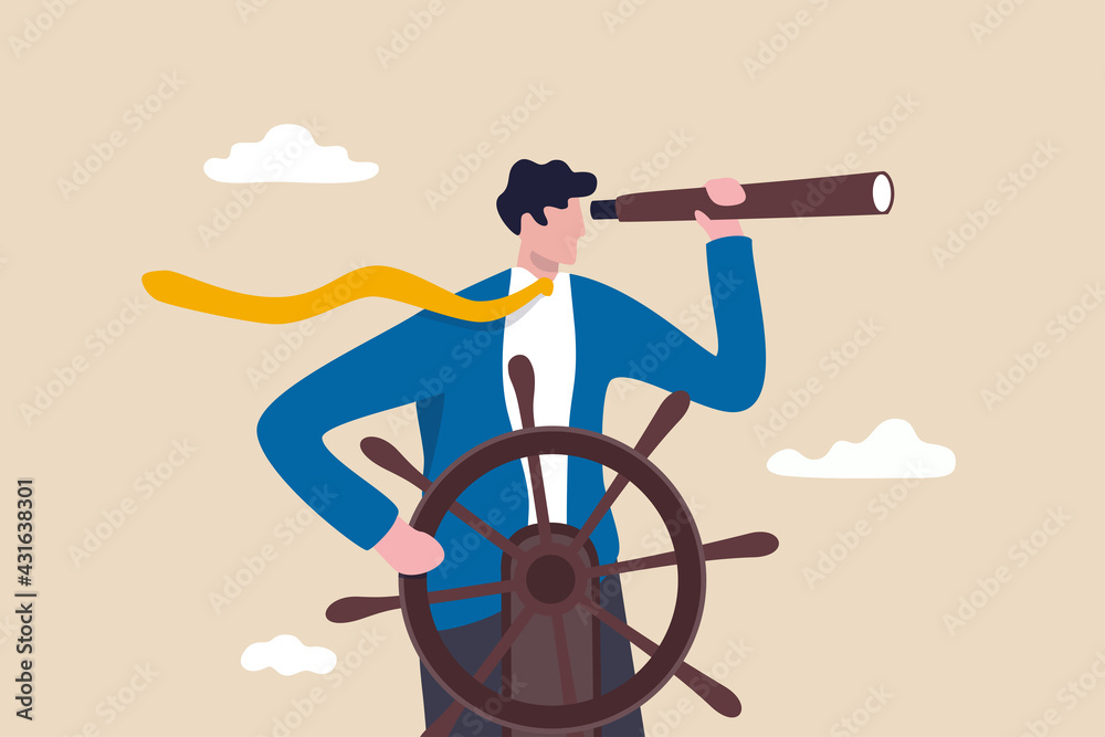 Business leadership and visionary to lead company success, career direction or work achievement concept, smart businessman boat captain control steering wheel helm with telescope vision.