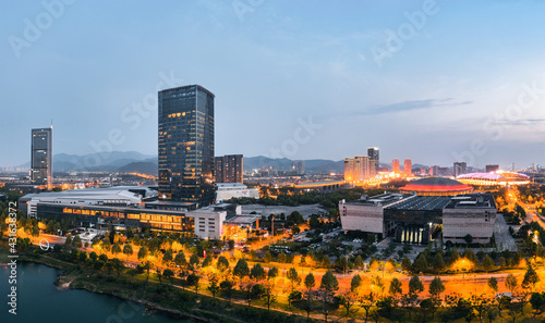 Aerial photography of night scene of Yiwu City, Zhejiang Province, China