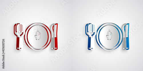 Paper cut Vegan food diet icon isolated Paper cut background. Organic, bio, eco symbol. Vegan, no meat, lactose free, healthy, fresh and nonviolent food. Paper art style. Vector
