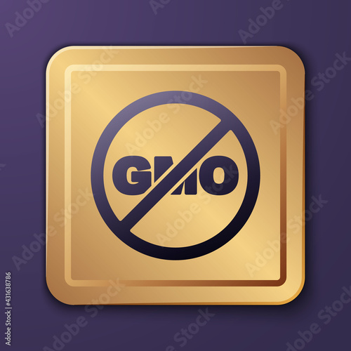 Purple No GMO icon isolated Purple background. Genetically modified organism acronym. Dna food modification. Gold square button. Vector