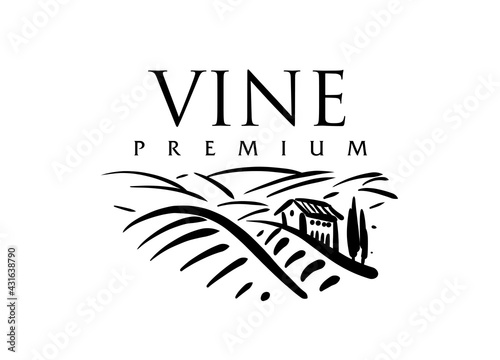 Vector logo drawn by hand. Landscape of vineyards for making wine