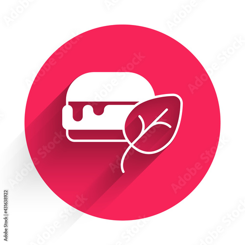White Vegan food diet icon isolated White background. Organic, bio, eco symbol. Vegan, no meat, lactose free, healthy, fresh and nonviolent food. Red circle button. Vector