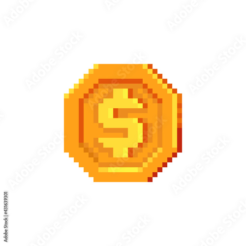 Dollar Gold Coin. Pixel art icon. Flat style. Money design. Isolated vector illustration. 8-bit.
