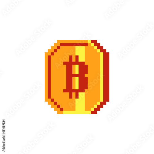 Bitcoin sign pixel art icon for internet money. Crypto currency golden coin bitcoin symbol. Isolated vector illustration. 8-bit. Game assets.